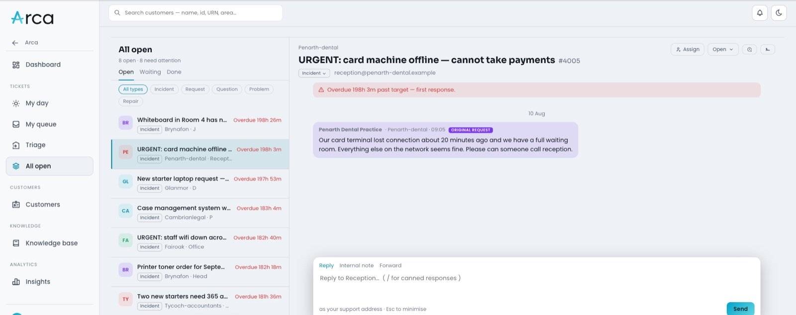 The Arca Desk queue beside an open ticket, showing the email conversation threaded with the agent's reply and the response-clock banner.